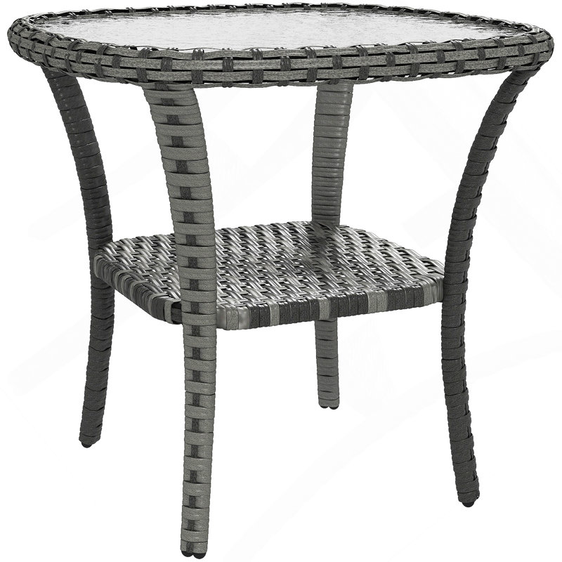 Outsunny Rattan Coffee Table With Storage Shelf, Wicker Side Table With Glass Top, Outdoor End Table