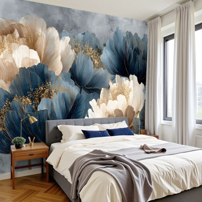 Navy Peonies Peel and Stick Wallpaper Watercolor Peony Blooms Blues Creams Warm Taupe Gold Accents Wall Murals 100"H x 144"W Removable PVC Wall Paper Self-Adhesive Wall Decor for Bedroom Living Room Home Office