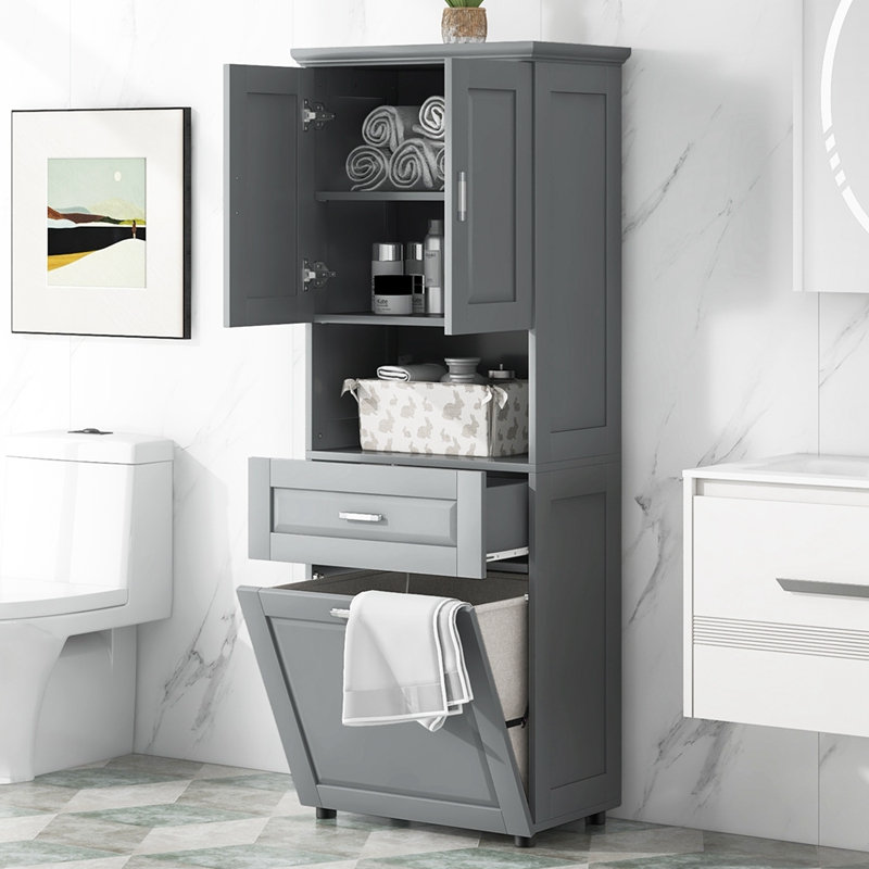 Tall Bathroom Cabinet with Laundry Basket, Gray