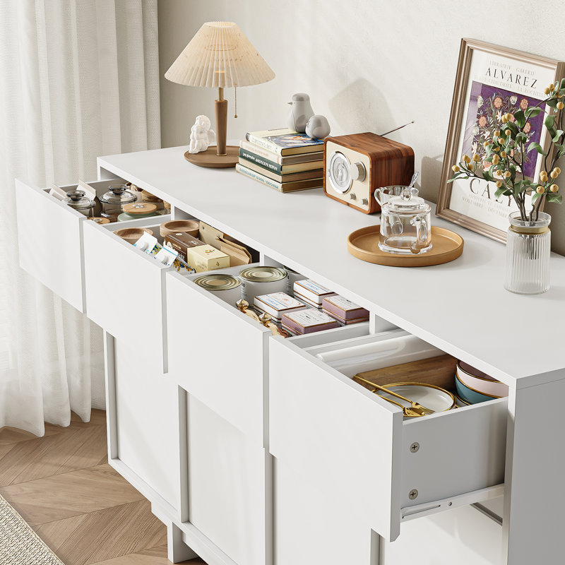 Delano 55.1‚Äù W Sideboard With 4 Cabinets, Buffet Cabinet With 4 Drawers, Large Storage Space, White
