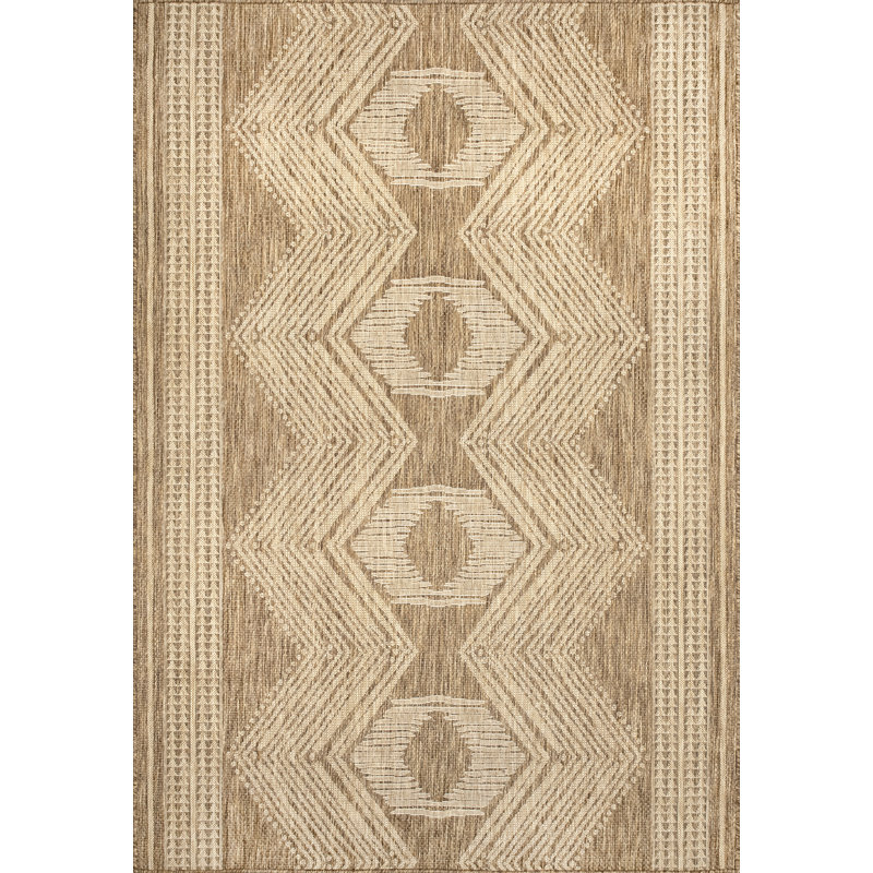 Tribal Indoor/Outdoor Area Rug, Rectangle 4' x 6', Light Brown/Ivory
