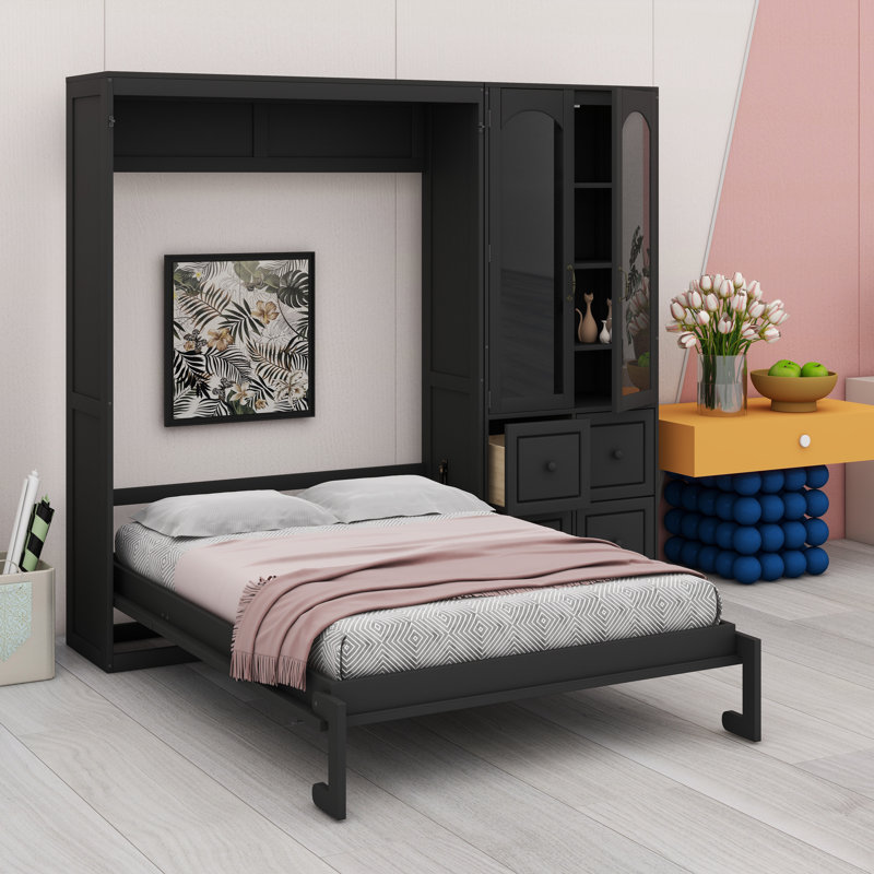 Lit escamotable multifonctionnel avec armoire de rangement réversible et tiroirs, Noir