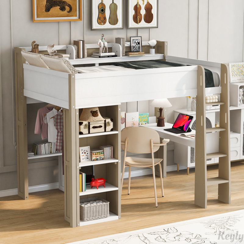 Lit mezzanine en bois avec tablettes de rangement intégrées, tringles à vêtements et bureau, Naturel