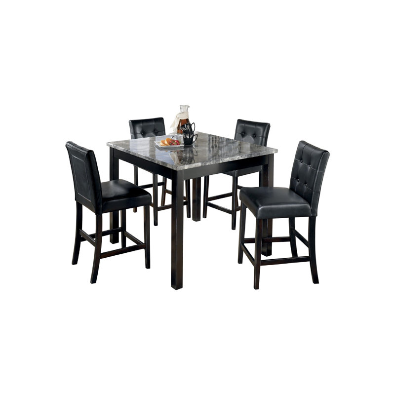 Ensemble de salle à manger à hauteur de comptoir 5 pièces Jey, table en faux marbre, chaises capitonnées noires