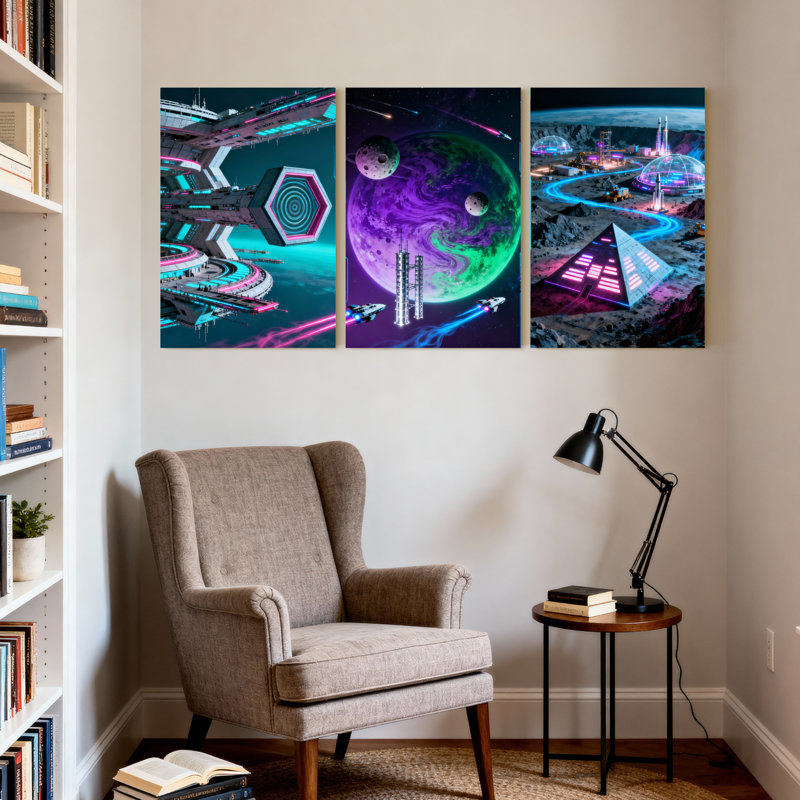 Fantasy & Sci-Fi Station spatiale, ensemble de 3 impressions sur toile, H 18 po x l 36 po