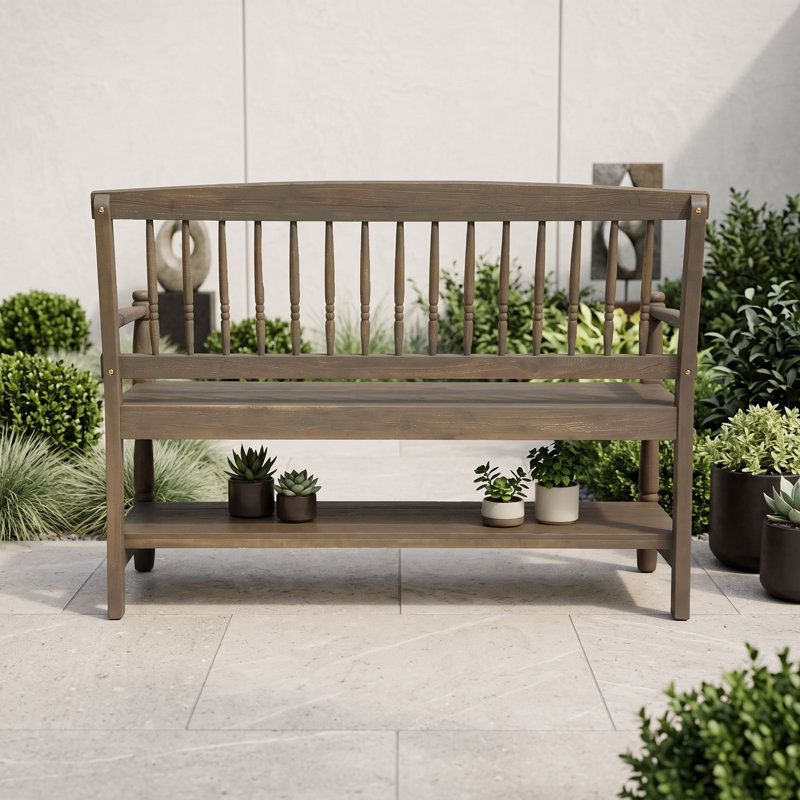 Banc d'extérieur en bois d'acacia avec tablette et structure robuste, siège de rangement rustique pour patio et entrée, Grey