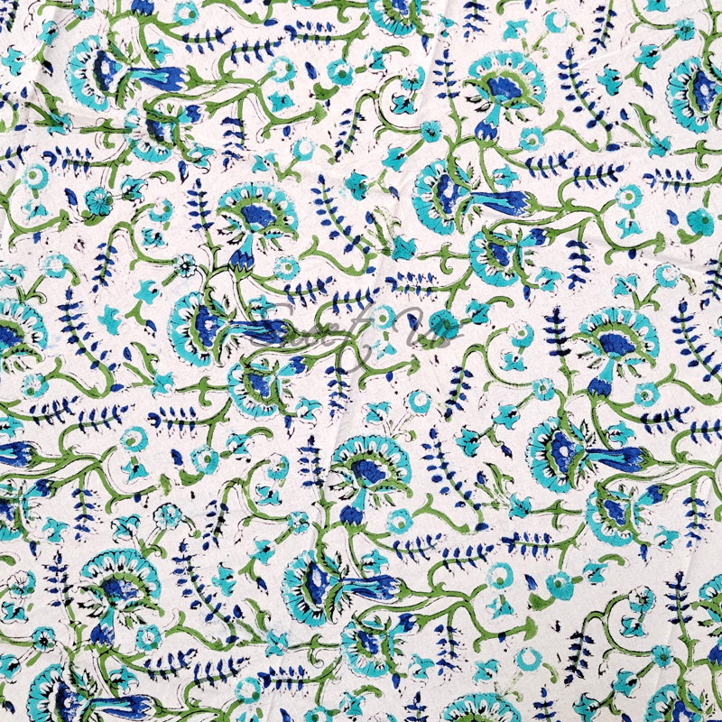 Block Print Floral Cotton Round Tablecloth, Blue