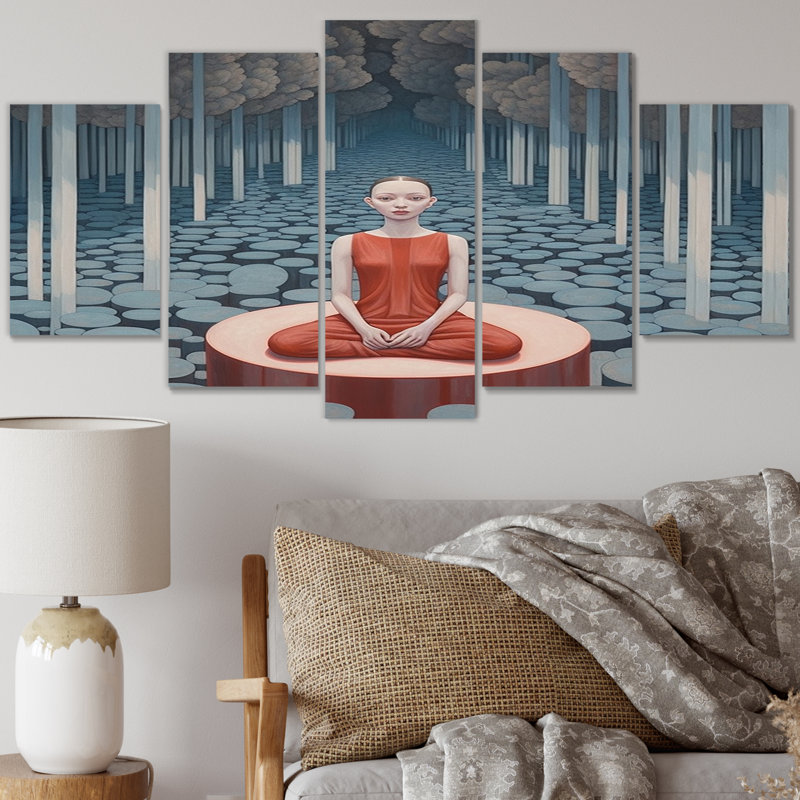 «Mindfulness Woman In Red Meditating In The Forest», reproduction sur toile - 5 panneaux