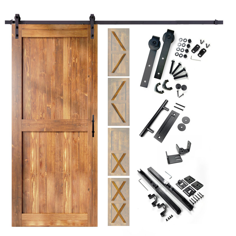 Porte en bois de pin massif 5-en-1 de conception 80 po avec quincaillerie d'installation rustique noire 5 en 1, 42 po x 80 po