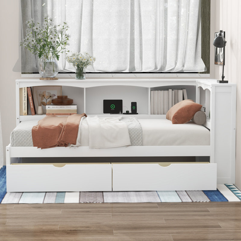 Daybed With Two Storage Drawers, Storage Cabinets And USB Ports, White