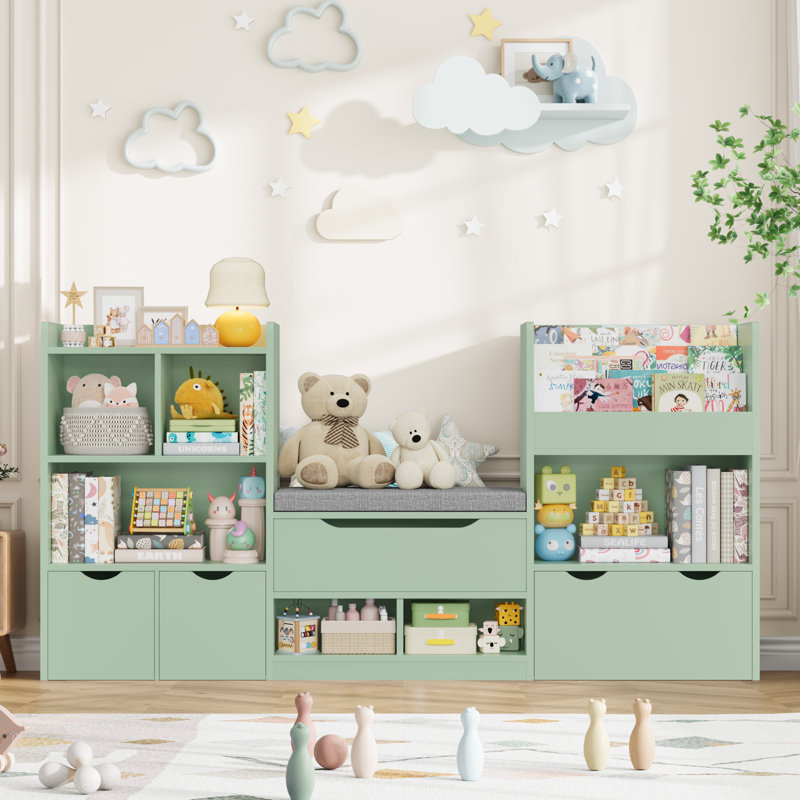 72" W x 37"H 4-IN-ONE Kids Bookcase with 3 Drawers, Soft Cushion, 3-Layer Bookshelf, Reading Nook, Green