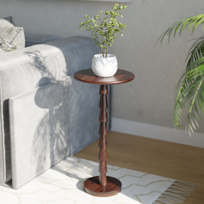 Solid Wood Round Drink Table – Walnut Finish,  Sculptural Pedestal, No-Tool 2-min Assembly – Sakala Accent / Martini Table