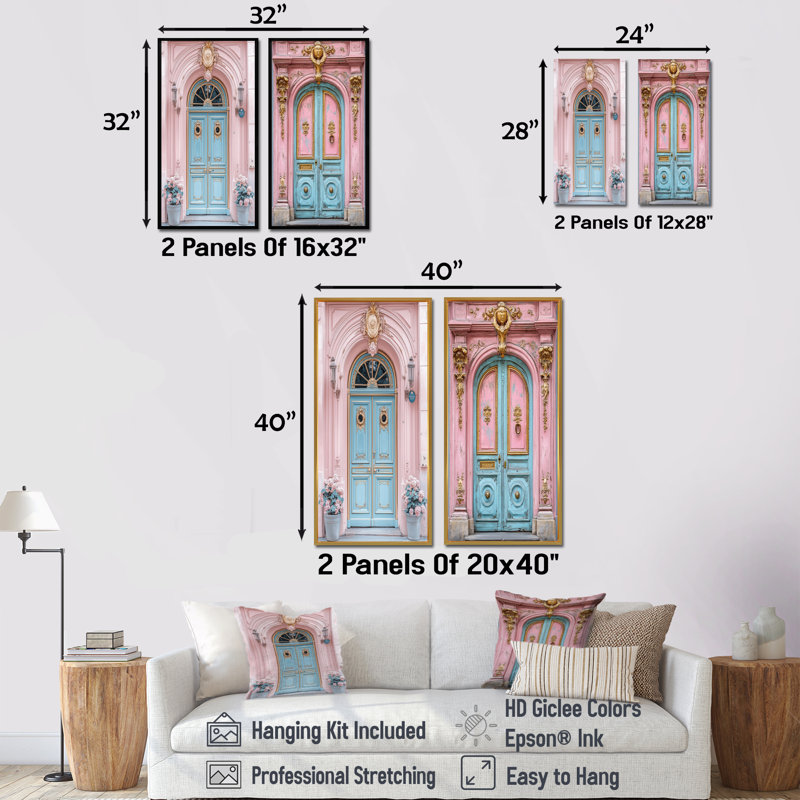 «Pink Parisian Whimsy Door Photo I - City Paris Wall Art», ensemble de 2 pièces, H 40 po x l 40 po, Cadre flottant noir