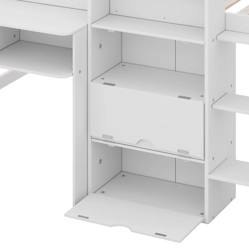 Lit mezzanine double avec bureau, armoires, bibliothèque et tableau blanc, White
