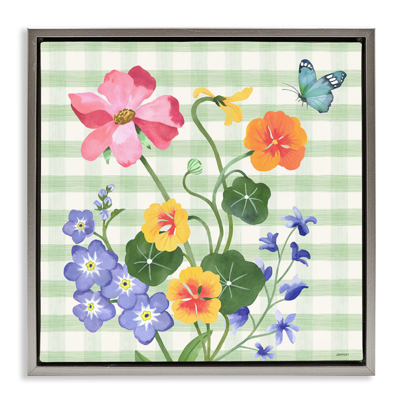"Gingham Garden Flowers", encadrée par Floater, H 18 po x l 18 po, Cadre flottant gris lustré
