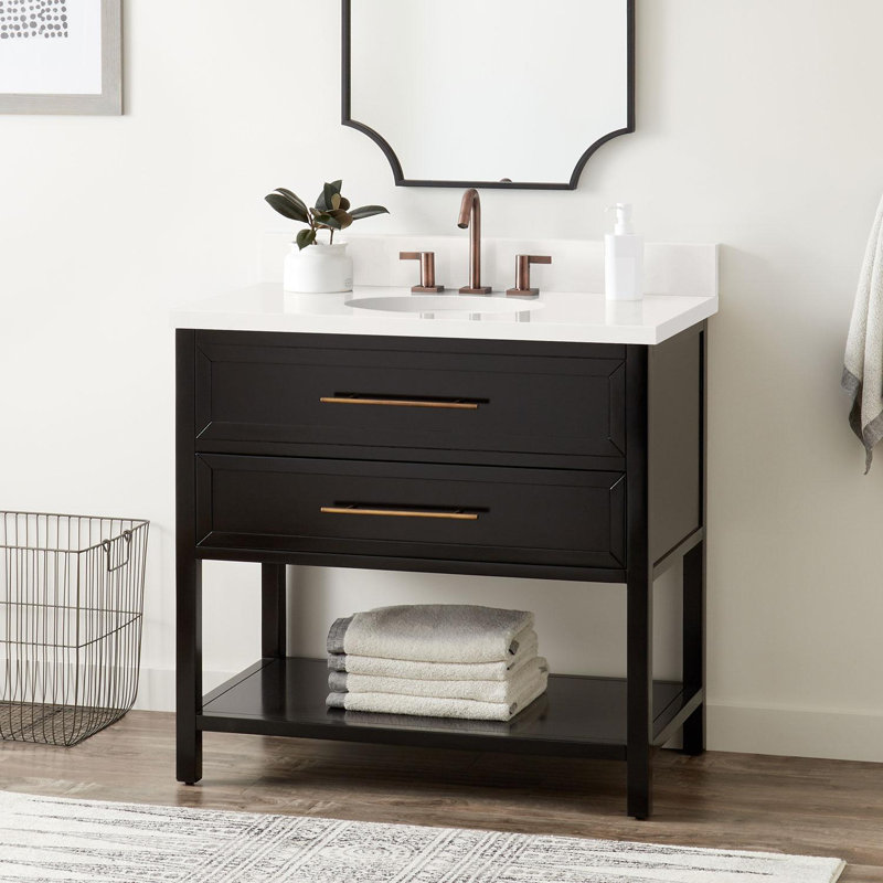 36" Robertson Single Bathroom Vanity Set with Oval Undermount Sink, Arctic White Quartz, 8" Widespread, Black