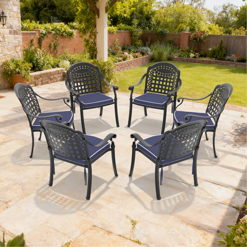 Chaise de patio en aluminium 6 pièces avec cadre noir et coussins bleus