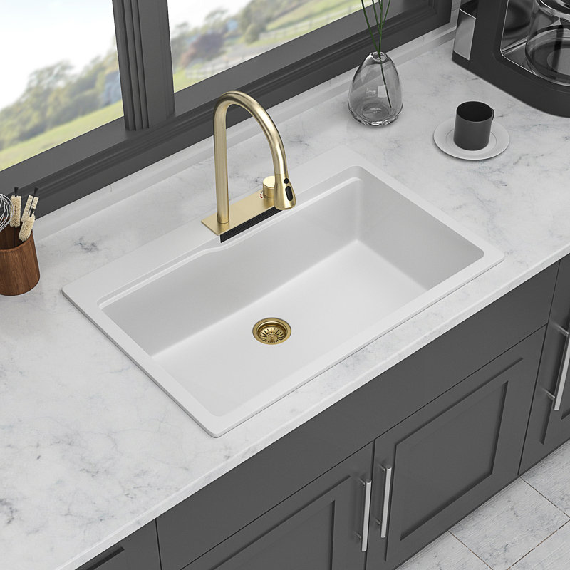 Drop-In Waterfall Kitchen Sink With Pull-Down Faucet, Composite Granite Quartz Single Bowl Workstation Design, Gold, White