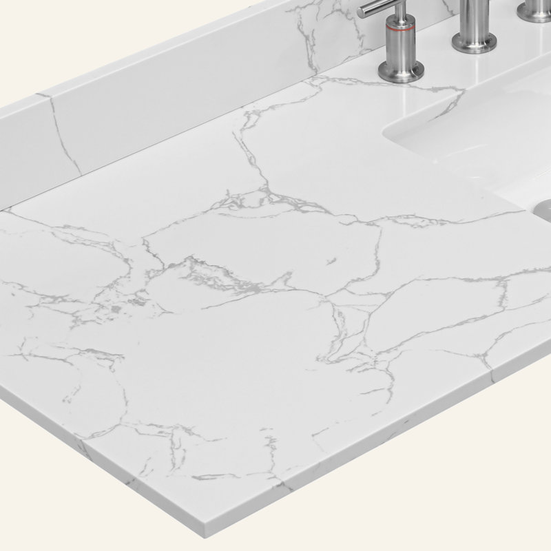 61 po x 22 po. Comptoir de salle de bain en pierre blanc avec éclairage encastré en céramique et 3 trous de robinet avec dosseret