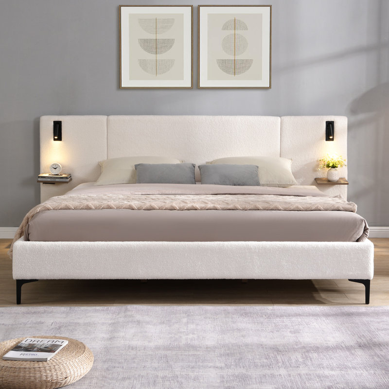 White Boucle Fabric King Bed With Integrated Lights And Convenient Shelves Upholstered Reading Shelving For Bedroom Layout