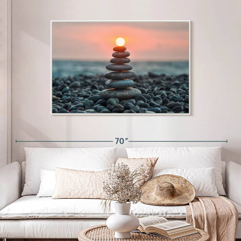 Zen pile au coucher du soleil, Cadre flottant blanc, 46 po x 31 po
