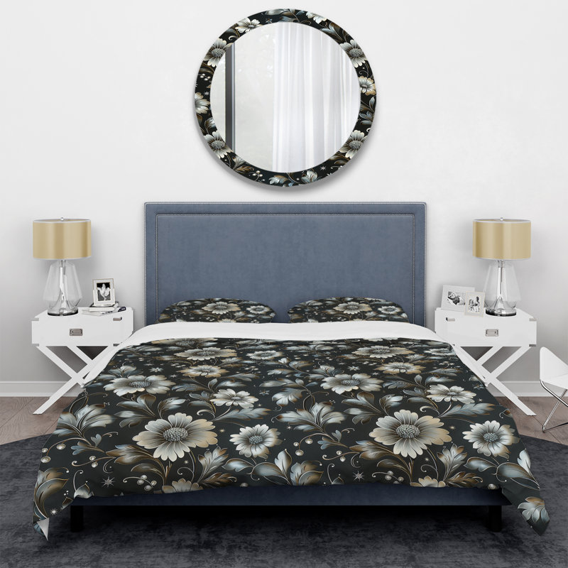 Ensemble de housse de couette Black Silver Flower Gardens - Glam, Housse de couette très grand + 2 taies décorativ
