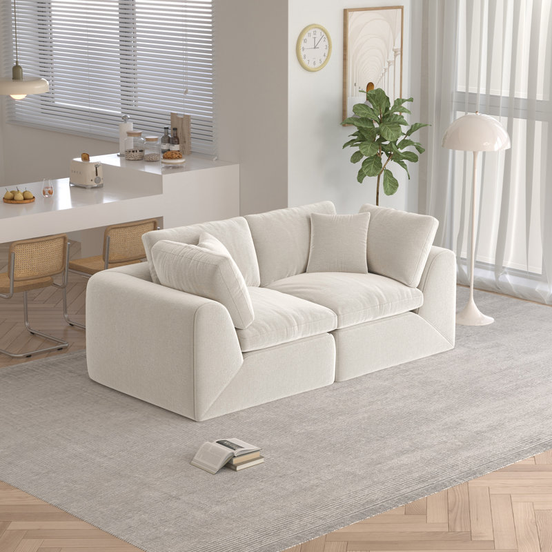 Canapé modulaire 2 pièces de 80 po de largeur, conception en nuage sans assemblage, accoudoirs en mousse à compression à densité élevée sans accoudoirs, chenille en blanc