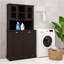 Grande armoire de rangement noire pour salle de bain avec panier à linge inclinable à deux compartiments, armoire autoportante avec 2 tablettes réglables