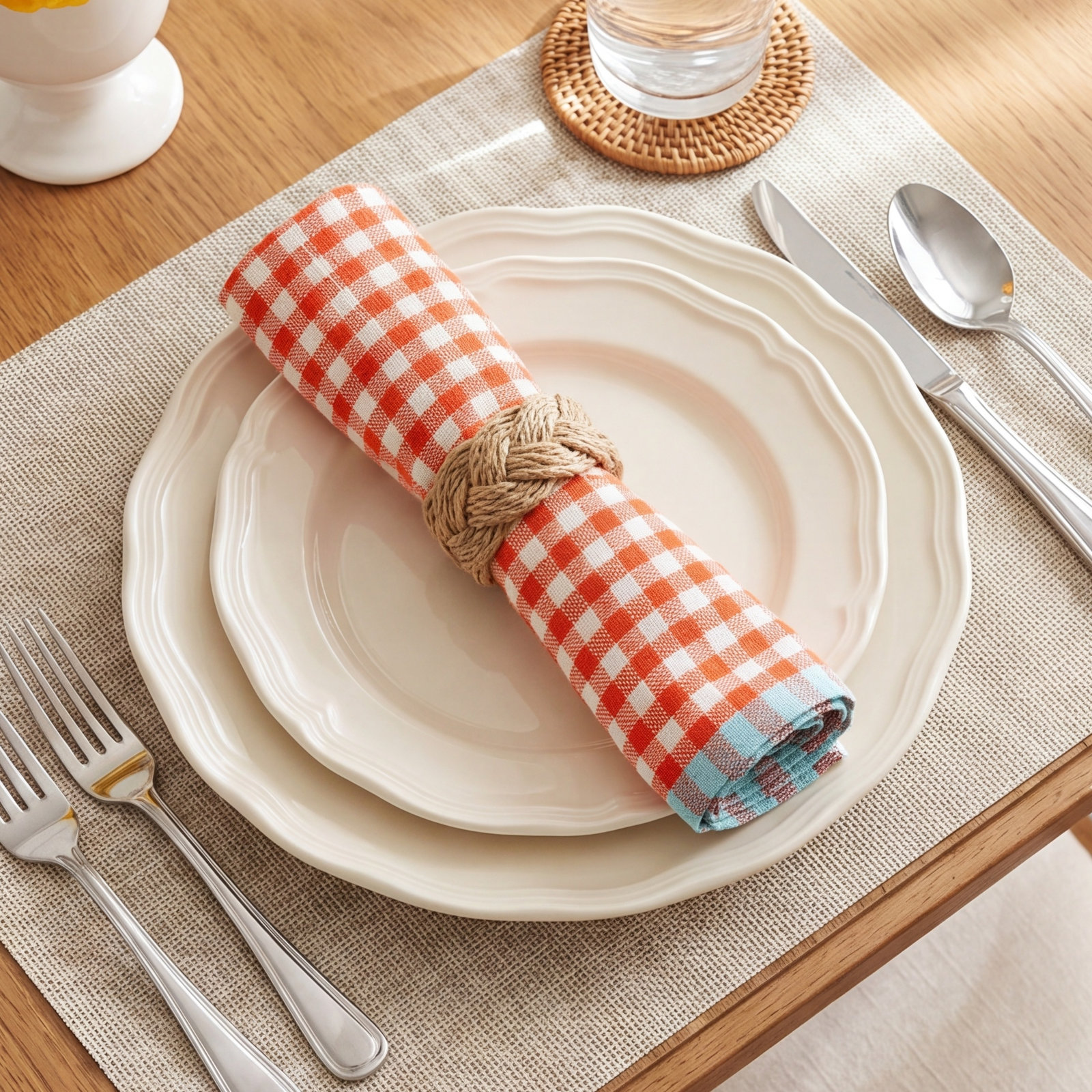 Reversible Linen Napkin, Orange/Aqua