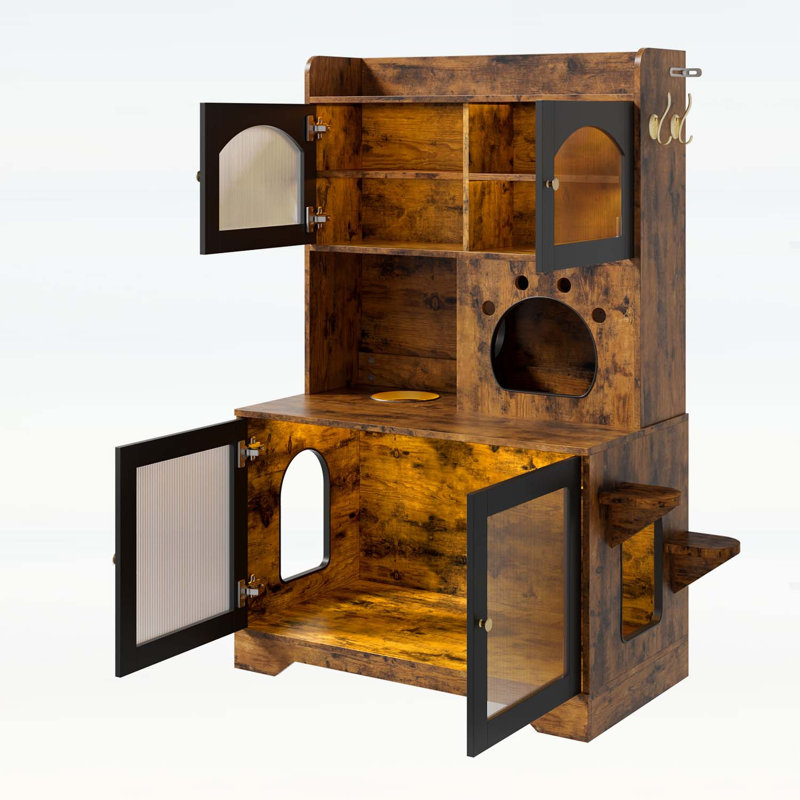 Enceinte de litière pour chat à 3 niveaux avec rangement, portes en verre cannelé et plateformes d'escalade, combinant fonctionnalité et style pour les maisons modernes