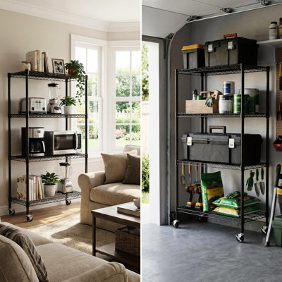 4 tablettes de rangement réglables en métal - Rouille - Fil pour la cuisine, le garage, la salle de bain, P 34,94 po x l 17,25 po, H 63 po, poteaux de soutien de 25 mm, 4 tablettes ventilées, garde-manger robuste, cadre entièrement en fer, ouvert