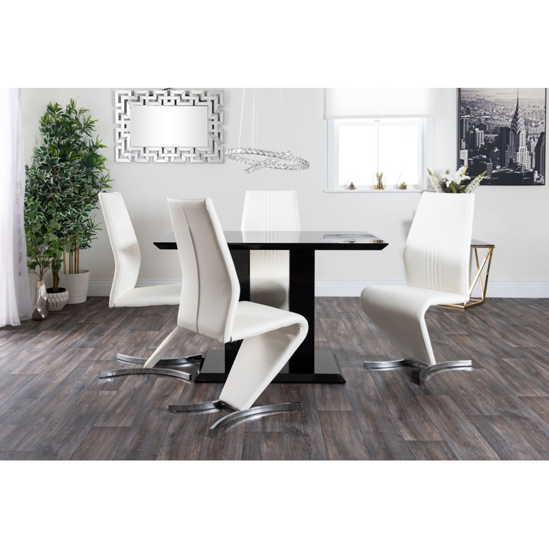 Edzard Double Pedestal High Gloss Dining Table Set with 4 Modern Faux Leather Dining Chairs, White