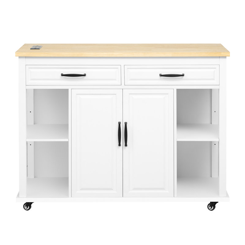 47.2" Kitchen Island With 13.8" Back Extendable Table, Rubber Wood Veneer, Internal Storage, Built - In Power Station, White
