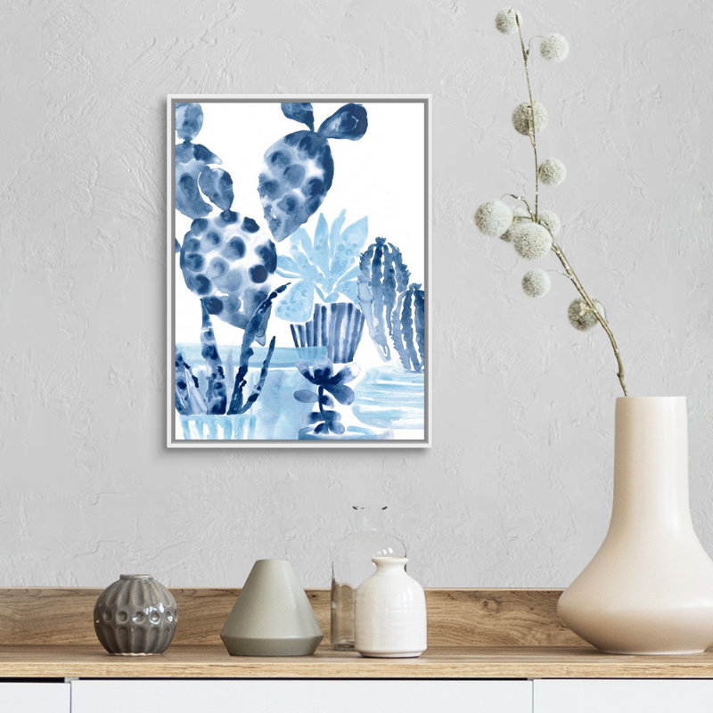 Indigo Succulent II - reproduction d'art sur toile, Cadre flottant blanc, H 17,7 po x l 13,7 po x P 1,75 po
