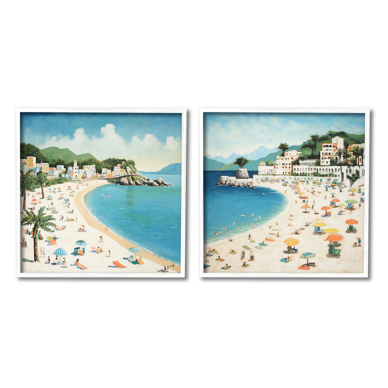 Reproduction d'art sur bois, "Beach Goers On Curved Shore", 2 pièces, par A4-668, Giclée encadrée blanc bord de mer