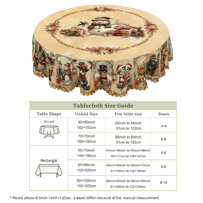 Multiple Christmas Snowman Pattern Designs Off-White Washable Polyester Tablecloth
