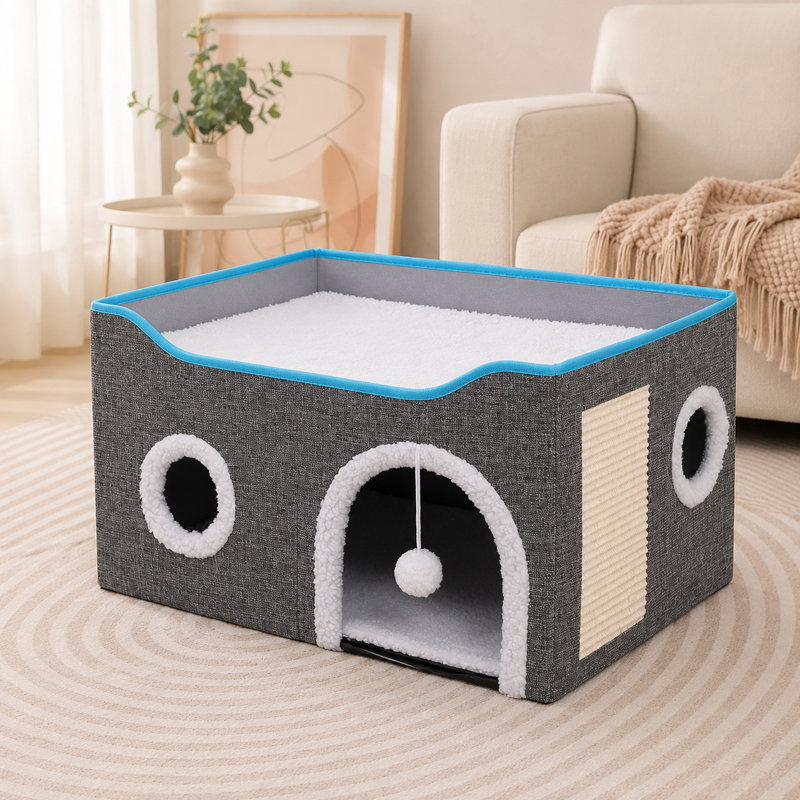 Maison de chat pliable en forme de cube avec patin à griffes en sisal et balle de jeu suspendue, lit pour chat intérieur à deux niveaux avec coussin lavable en laine d'agneau, peut supporter jusqu'à 30 lb, plusieurs tailles et couleurs en option