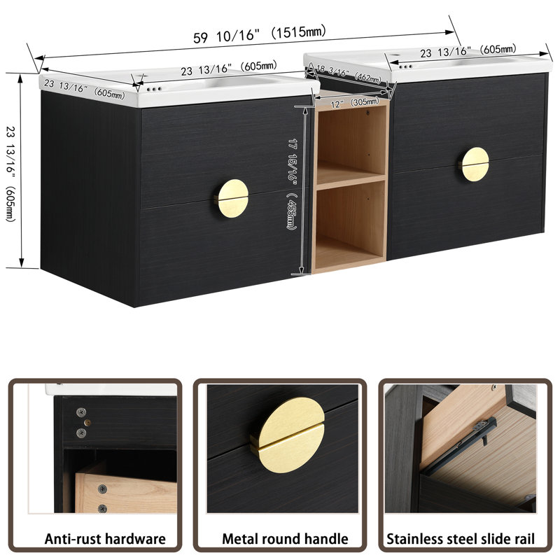 Nikiah 59.8 " W Free Standing Wall Mounted 2 Double Vanity Bathroom Vanity With Ceramic Top