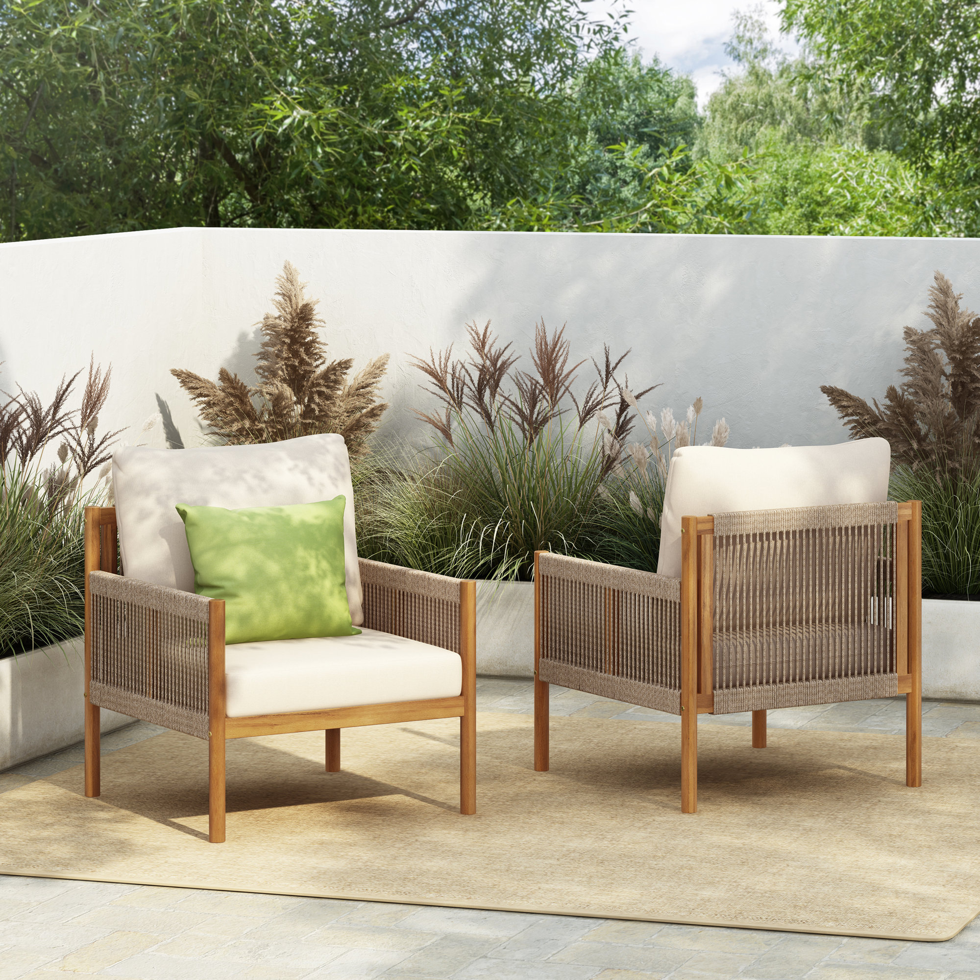 Fielder Patio Acacia Wood Rope-Woven Club Chair With Cushions