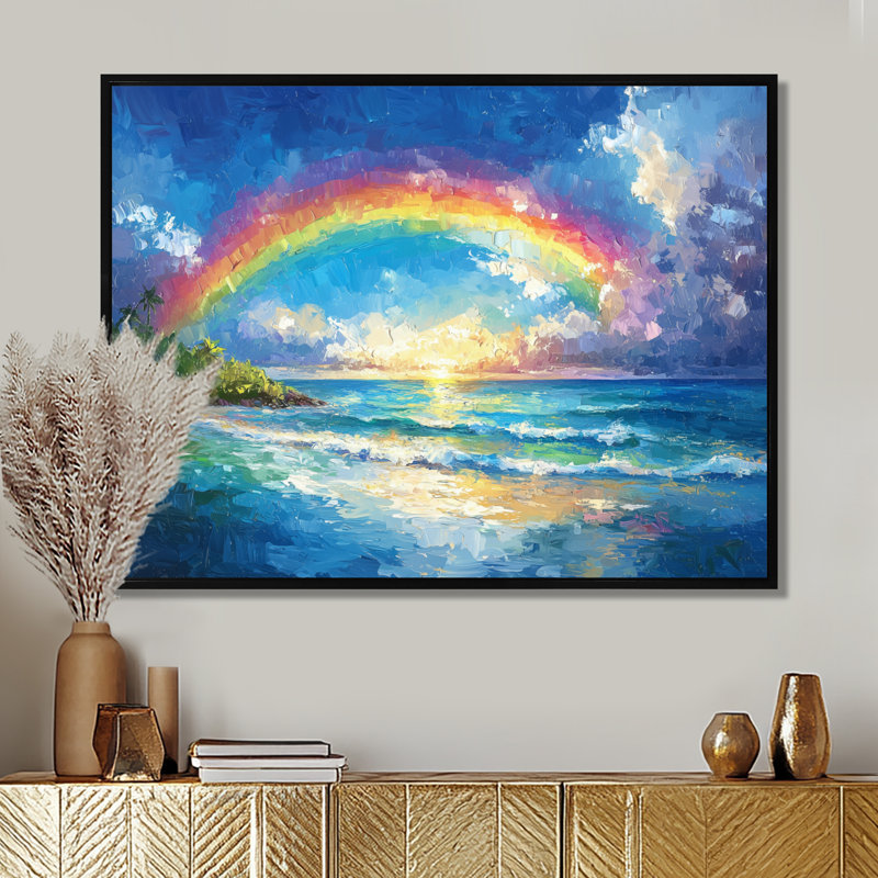 Arc-en-ciel dans les îles tropicales - art mural arc-en-ciel, H 16 po x l 32 po, Cadre flottant noir