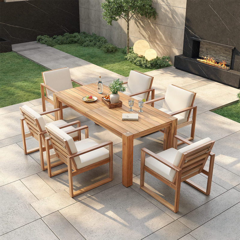 Raelith 7-Piece Outdoor Rectangular Dining Set With Cushions, Teak