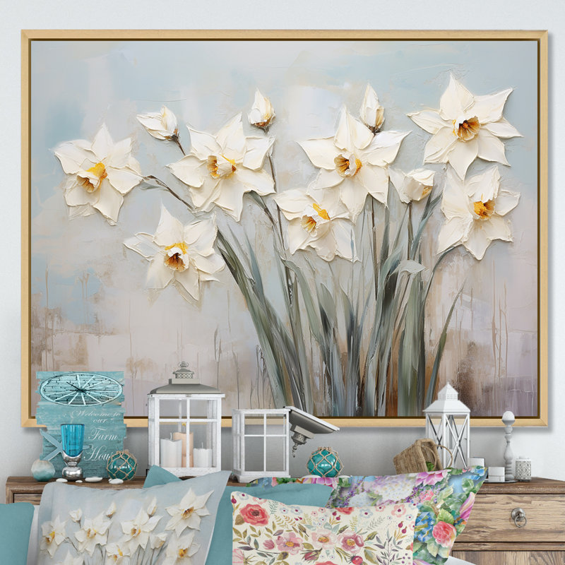 Minimalisme - jonquilles blanches, H 16 po x l 32 po x P 1 po, Cadre naturel flottant
