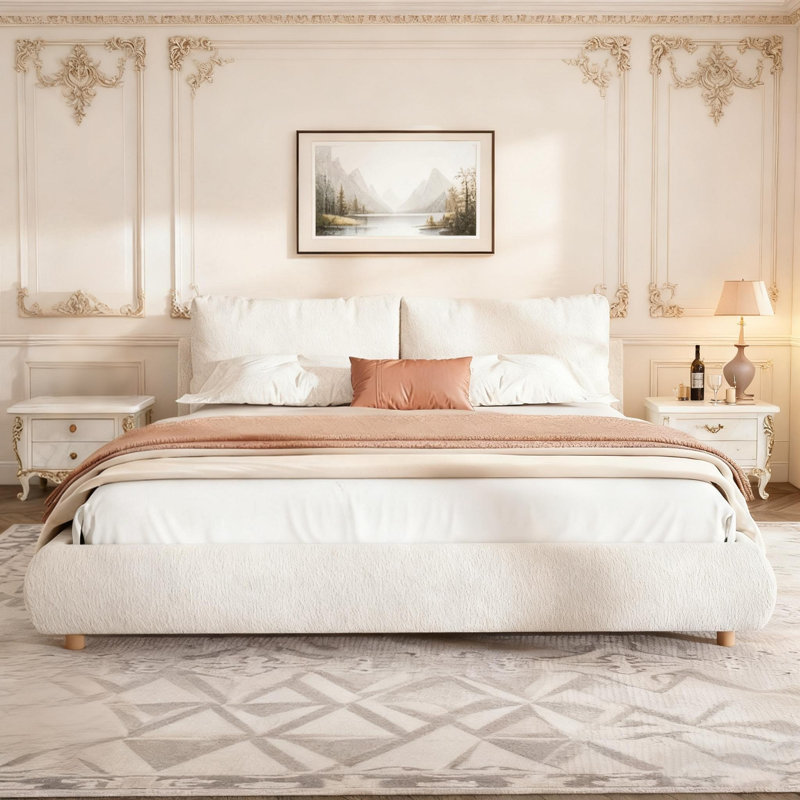 Très grand lit plateforme tapissier avec tête de lit amovible, tissu Boucle, blanc, Très grand