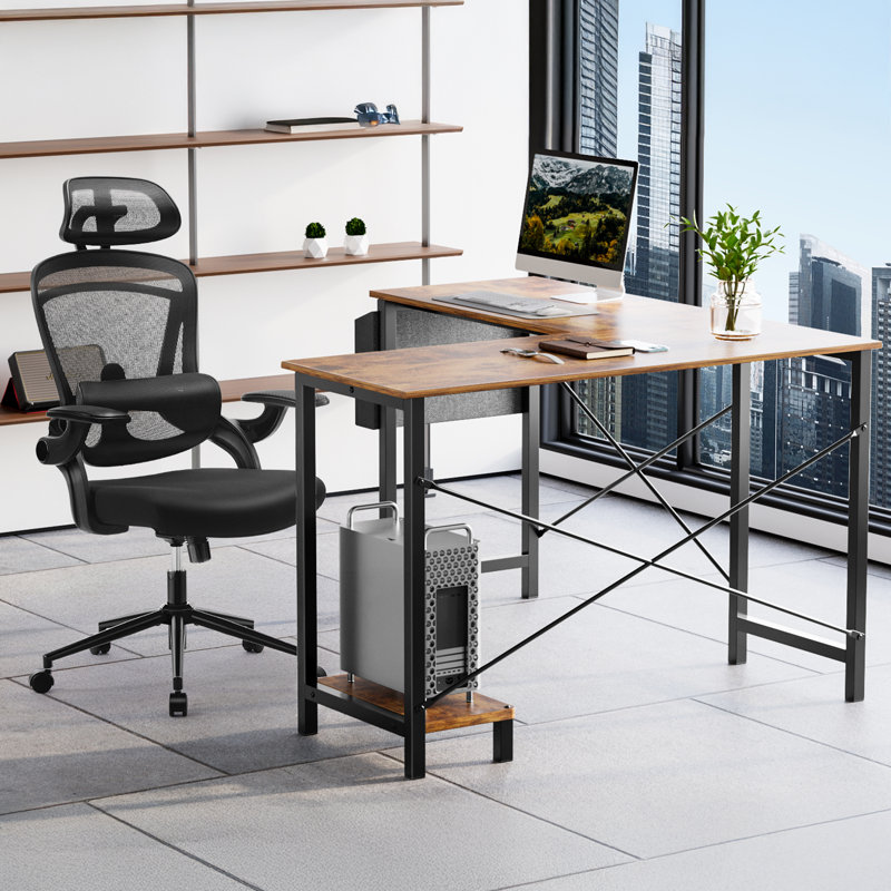 Desk and Chair Set: L-Shaped Computer Desk and Mesh Office Chair, Black Chair/Brown Desk