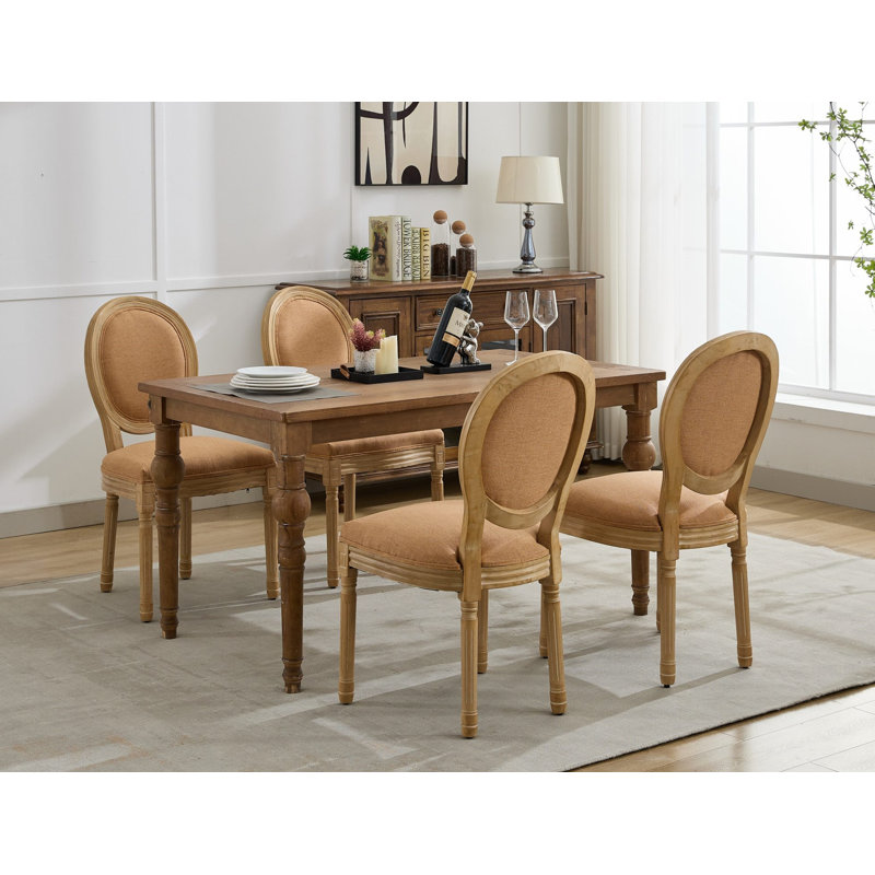 Chaise de salle à manger avec cadre en bois massif de style français et toile de lin antique, ensemble de 2, Tanné