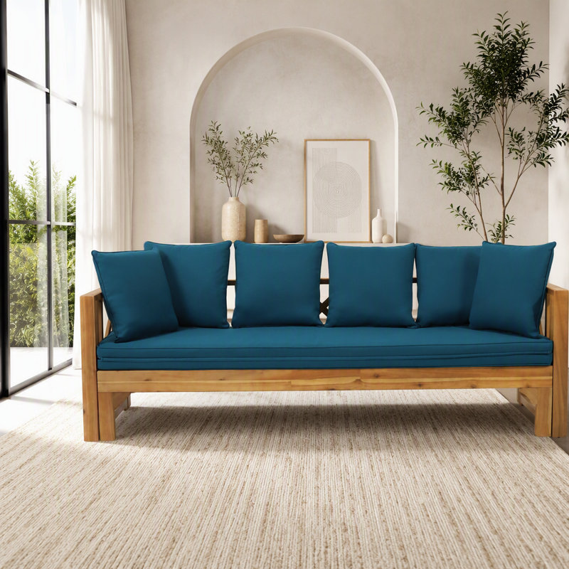 Canapé d'extérieur d'extérieur en bois d'acacia, Tissu bleu