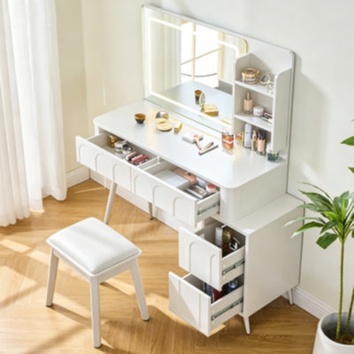 Petit bureau de coiffeuse avec miroir lumineux à DEL, coiffeuse de maquillage avec 3 modes d'éclairage, prise de courant, tiroir, tablettes ouvertes et tabouret rembourré, coiffeuse de chambre à coucher, blanc