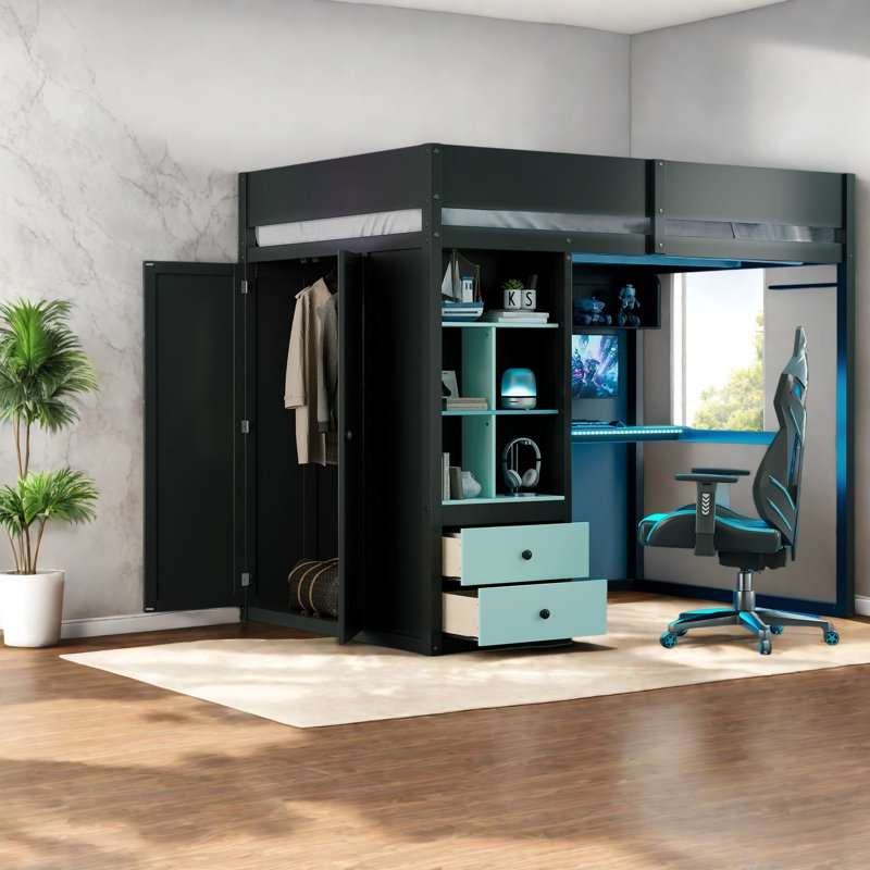 Lit mezzanine double avec rangement, bureau et armoire, chambre moderne en bois massif, Noir 1