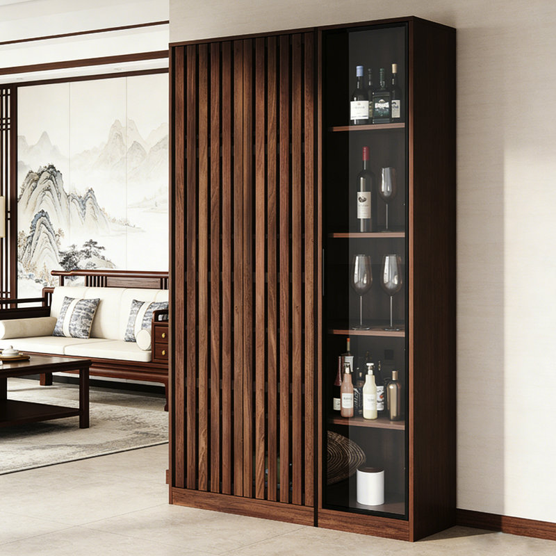 Armoire à vin 55,12 po de couleur noyer rétro luxueux avec porte en verre trempé