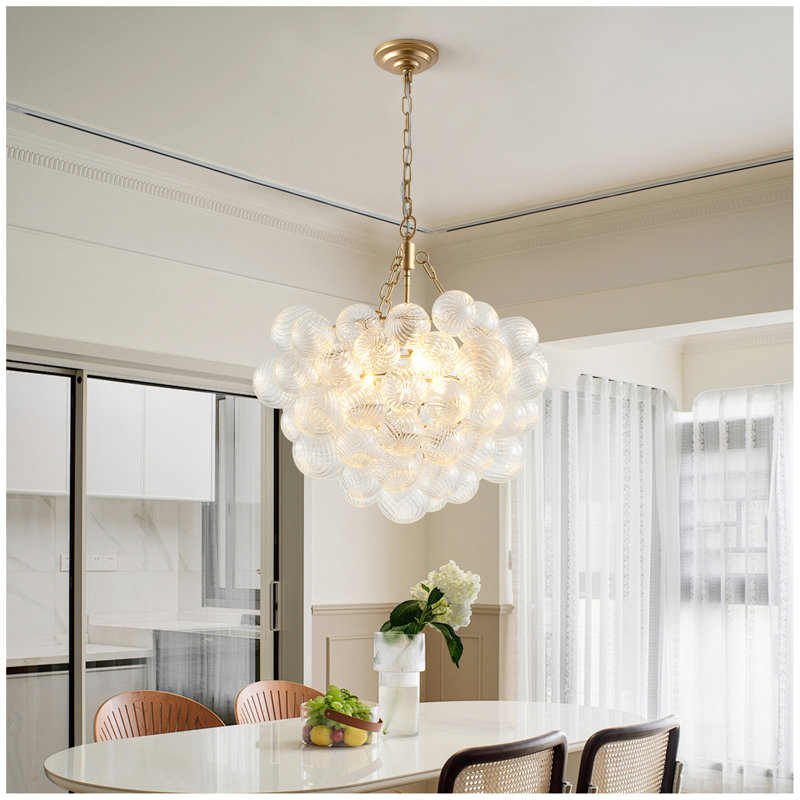 Lustre suspendu doré avec abat-jour sphérique en verre transparent fileté - Hauteur réglable, idéal pour le salon, la salle à manger, la cuisine (sans ampoules)